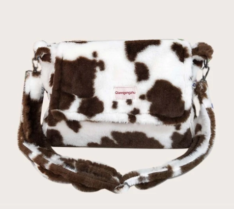 stylish handbags for the winter season for your best winter outfits. Shein Fluffy Cow Pattern Flap Crossbody Bag