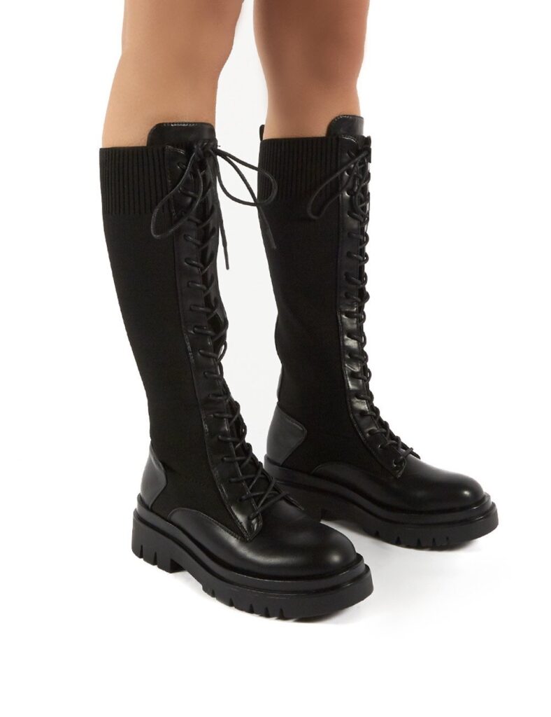 Public Desire EMBARK BLACK CHUNKY SOLE KNEE HIGH LACE UP BOOTS 