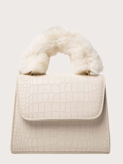 white fur bag. Shein crocodile fluffy handle satchel bag