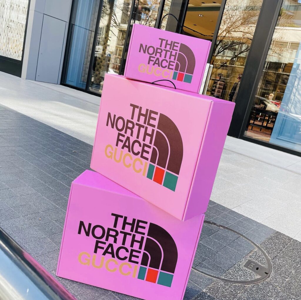 people with shopping bags. a person with shopping bags. Designer shopping bags from the store. people in the middle of the street. The North Face x Gucci shopping bags. People with the North Face x Gucci collection bags. 