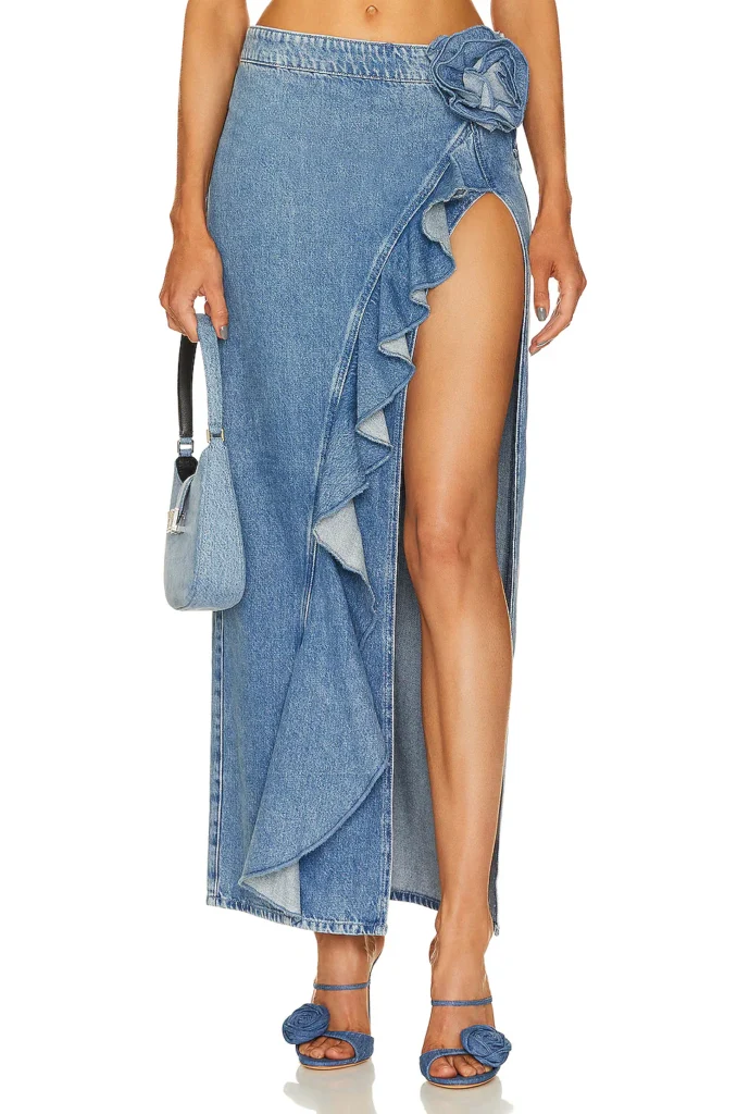denim long skirt.Marsella Rosette Maxi Skirt 
Lovers and Friends
brand: Lovers and Friends 